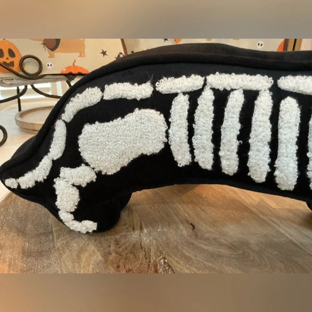 Dachshund Halloween skeleton pillow with 3D Chenille details Velvety Soft fabric